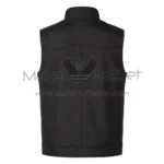 front view of Black Zipper Front Western Cotton Vest featuring a pointed back yoke, vertical center seam, and a high, structured collar.
