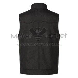 front view of Black Zipper Front Western Cotton Vest featuring a pointed back yoke, vertical center seam, and a high, structured collar.