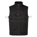 front view of Black Zipper Front Western Cotton Vest with a full-zip front, high collar, pointed yoke detailing on the chest, and two side welt pockets with Maker Of Jacket brand label