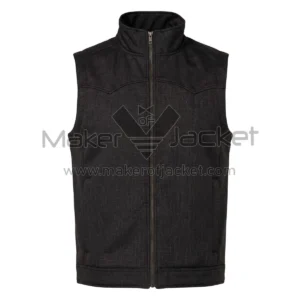 front view of Black Zipper Front Western Cotton Vest with a full-zip front, high collar, pointed yoke detailing on the chest, and two side welt pockets with Maker Of Jacket brand label