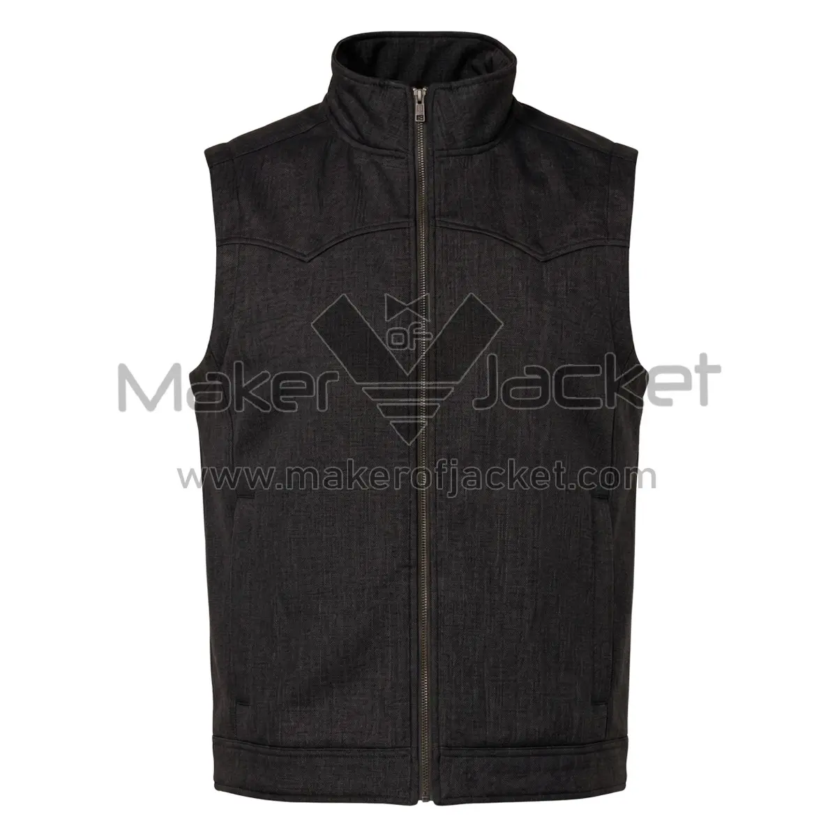 Black Zipper Front Western Cotton Vest Front front view of Black Zipper Front Western Cotton Vest with a full-zip front, high collar, pointed yoke detailing on the chest, and two side welt pockets with Maker Of Jacket brand label
