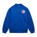 Front of Blue Chicago Cubs Satin Bomber Jacket with rib-knit trims, zipper, pockets, and chest logo.
