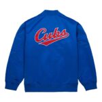 Back of Blue Chicago Cubs Satin Bomber Jacket with Cubs spell patch.