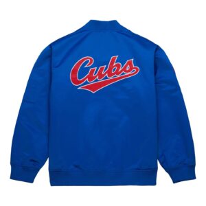 Back of Blue Chicago Cubs Satin Bomber Jacket with Cubs spell patch.