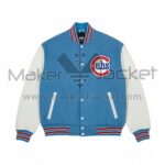 Front view of Blue White Chicago Cubs City Connect Varsity Jacket with leather sleeves and snap closure.