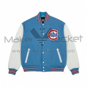 Front view of Blue White Chicago Cubs City Connect Varsity Jacket with leather sleeves and snap closure.