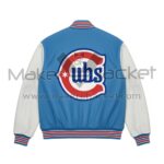 Back view of Blue White Chicago Cubs City Connect Varsity Jacket with Cubs press jersey logo.