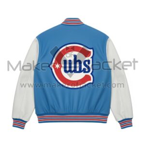 Back view of Blue White Chicago Cubs City Connect Varsity Jacket with Cubs press jersey logo.