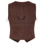 back view of Brown Button Down Suede Leather Vest with vertical princess seams, a straight back hem