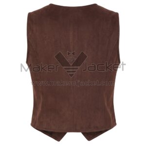 back view of Brown Button Down Suede Leather Vest with vertical princess seams, a straight back hem