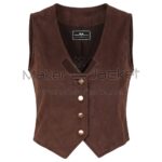 front view of Brown Button Down Suede Leather Vest with a V-neckline, four brass-tone buttons, a peaked front hem, and decorative curved seam details.