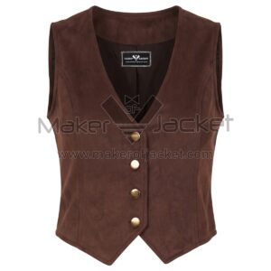 front view of Brown Button Down Suede Leather Vest with a V-neckline, four brass-tone buttons, a peaked front hem, and decorative curved seam details.