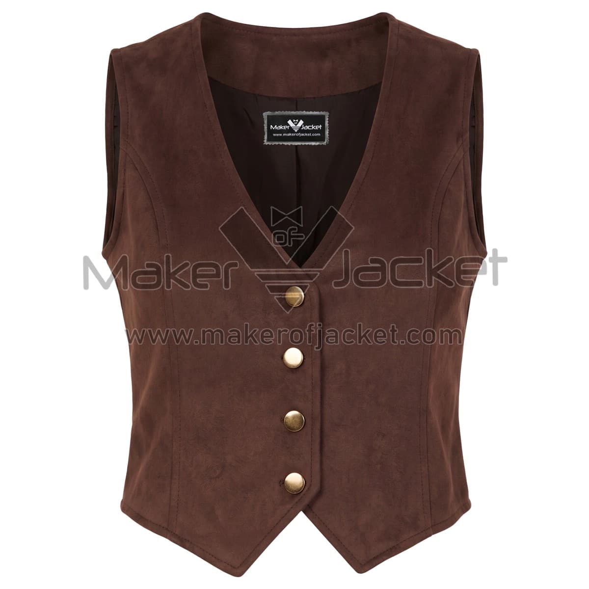 Brown Button Down Suede Leather Vest Front front view of Brown Button Down Suede Leather Vest with a V-neckline, four brass-tone buttons, a peaked front hem, and decorative curved seam details.