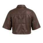 Back view of Brown Cropped Short Sleeve Leather Shirt featuring a structured yoke, central seam, point collar, and wide short sleeves.