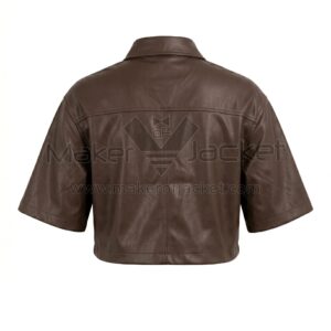 Back view of Brown Cropped Short Sleeve Leather Shirt featuring a structured yoke, central seam, point collar, and wide short sleeves.