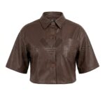 Front view of Brown Cropped Short Sleeve Leather Shirt featuring a point collar, large buttons, and a single chest pocket with Maker Of Jacket label