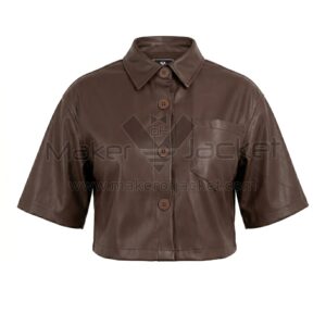 Front view of Brown Cropped Short Sleeve Leather Shirt featuring a point collar, large buttons, and a single chest pocket with Maker Of Jacket label