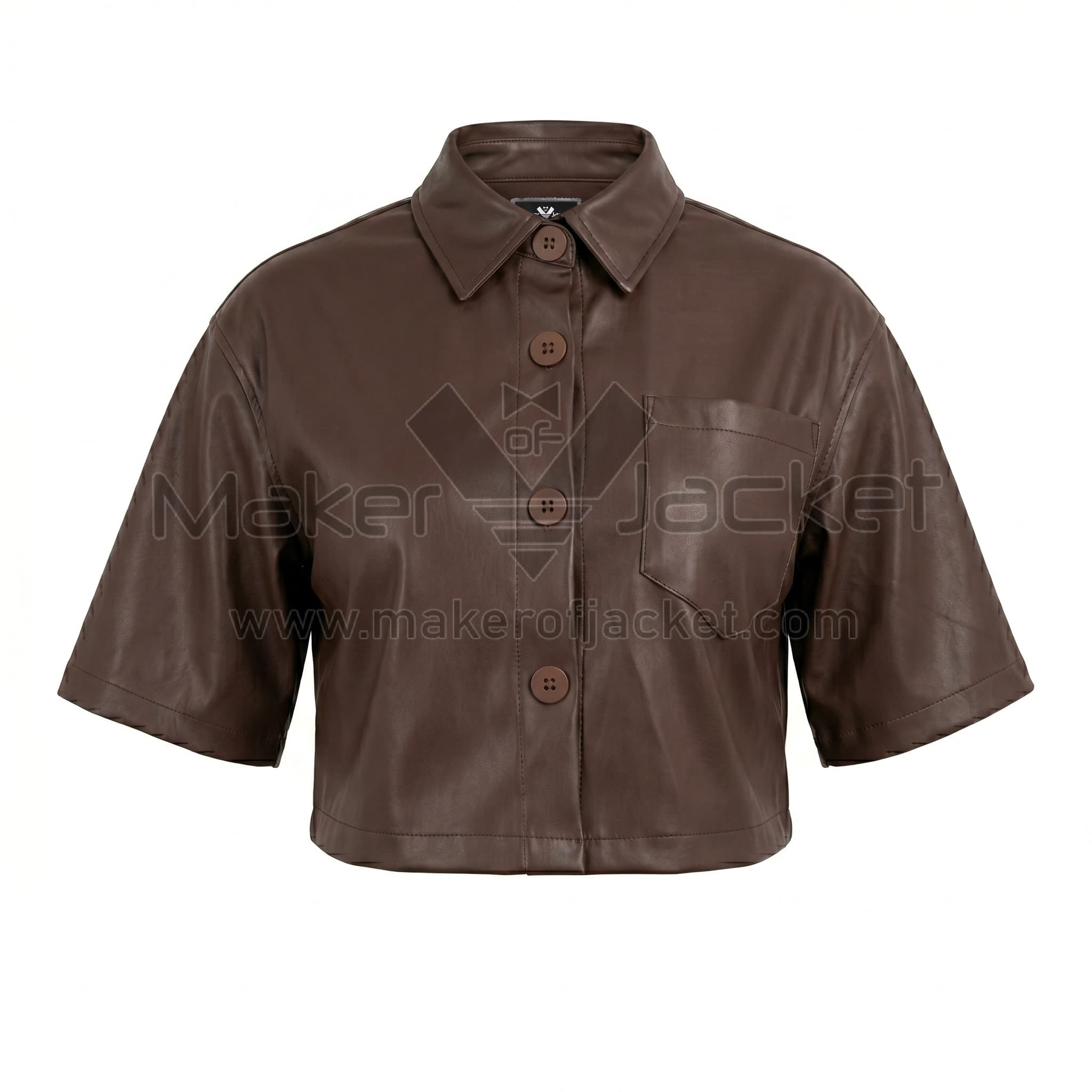 Brown Cropped Short Sleeve Leather Shirt Front Front view of Brown Cropped Short Sleeve Leather Shirt featuring a point collar, large buttons, and a single chest pocket with Maker Of Jacket label