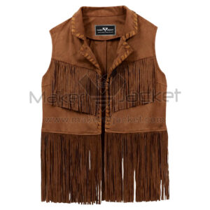 Brown Festival Fringe Suede Leather Vest Front