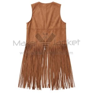 back view of brown long fringe suede leather vest featuring a vertical center seam and a decorative braided horizontal seam across the mid-back.