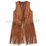 front view of a brown long fringe suede leather vest with an open front and long fringe hanging from the waist with a "Maker of Jacket" brand label.