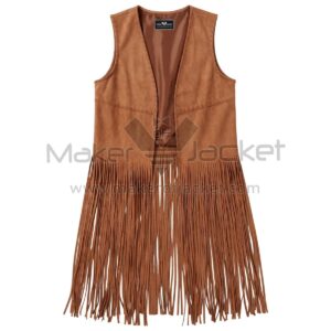 front view of a brown long fringe suede leather vest with an open front and long fringe hanging from the waist with a "Maker of Jacket" brand label.