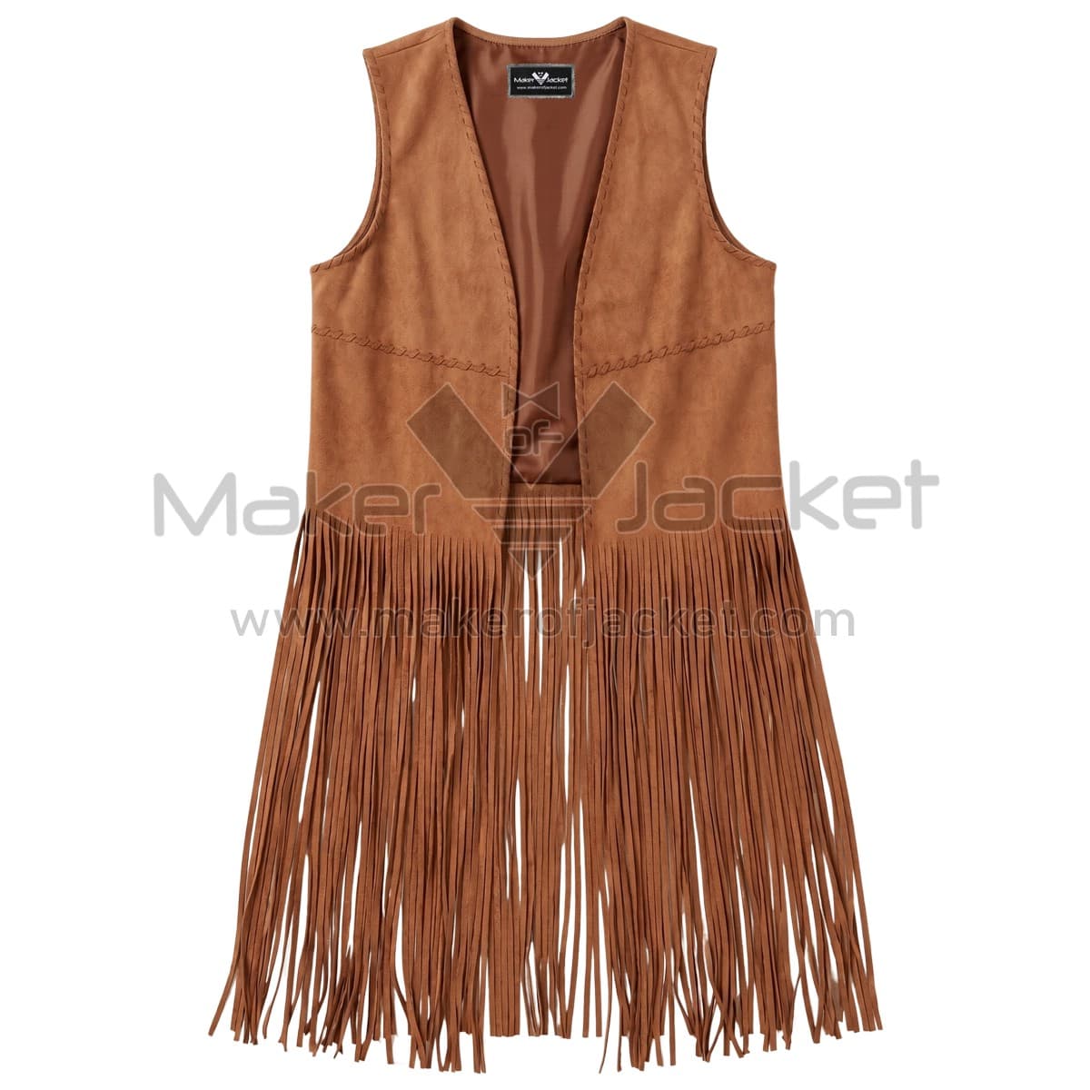 Brown Long Fringe Suede Leather Vest Front front view of a brown long fringe suede leather vest with an open front and long fringe hanging from the waist with a "Maker of Jacket" brand label.