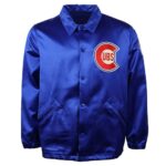 Chicago Cubs 1946 Blue Satin Jacket front view with shirt-style collar, snap button closure, diagonal pockets, and Cubs chest logo