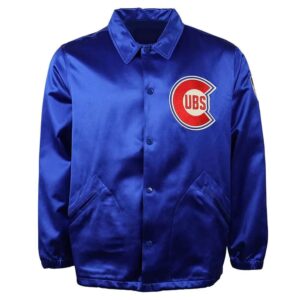 Chicago Cubs 1946 Blue Satin Jacket front view with shirt-style collar, snap button closure, diagonal pockets, and Cubs chest logo