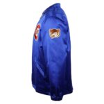Chicago Cubs 1946 Blue Satin Jacket left side view showing Cubs Press logo on sleeve and elastic cuff