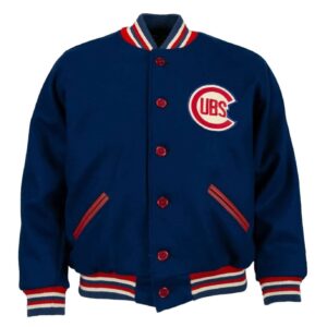 Chicago Cubs 1954 Blue Wool Varsity Jacket front view with rib-knit collar, cuffs, waistband, button closure, and Cubs logo.