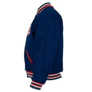 Chicago Cubs 1954 Blue Wool Varsity Jacket left side view highlighting side waist pocket and rib-knit cuff.