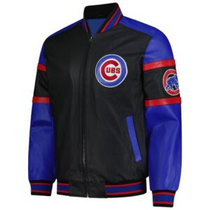 Front view of Chicago Cubs black leather varsity jacket with logos, rib-knit trims, YKK zipper, and side pockets.