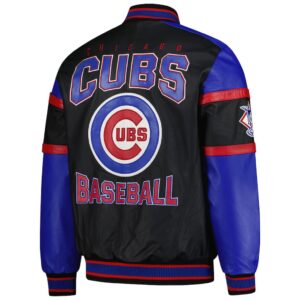 Back view of Chicago Cubs black leather varsity jacket with “CHICAGO CUBS BASEBALL” lettering and logo.