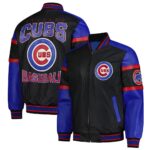 Front and back view of Chicago Cubs black leather varsity jacket showing logos, rib-knit trims, YKK zipper, side pockets, and “CHICAGO CUBS BASEBALL” lettering on back.
