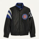 Chicago Cubs full zip leather jacket front view in black white and blue with chest logo and YKK zipper closure.