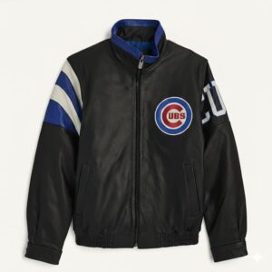 Chicago Cubs full zip leather jacket front view in black white and blue with chest logo and YKK zipper closure.