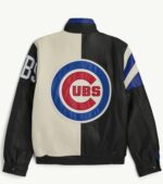 Chicago Cubs leather jacket back view with large Cubs logo on back in black white and blue premium design.