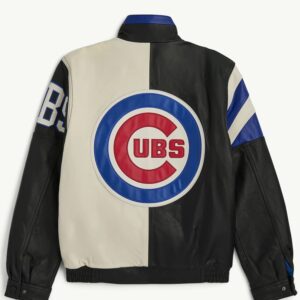 Chicago Cubs leather jacket back view with large Cubs logo on back in black white and blue premium design.