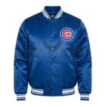 Chicago Cubs Logo Royal Full-Snap Satin Jacket front view in royal blue featuring snap button closure, rib-knit trims, and Cubs logo on left chest