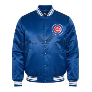 Chicago Cubs Logo Royal Full-Snap Satin Jacket front view in royal blue featuring snap button closure, rib-knit trims, and Cubs logo on left chest