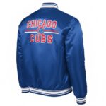 Chicago Cubs Logo Royal Full-Snap Satin Jacket back view in royal blue featuring CHICAGO CUBS lettering with logo and rib-knit waistband