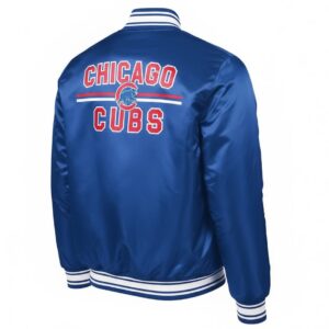 Chicago Cubs Logo Royal Full-Snap Satin Jacket back view in royal blue featuring CHICAGO CUBS lettering with logo and rib-knit waistband