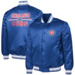 Chicago Cubs Royal Full-Snap Satin Jacket front and back view with logo on chest and CHICAGO CUBS lettering on back