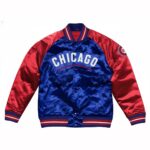 Front of Chicago Cubs Satin Jacket in blue/red with "CHICAGO" chest lettering and snap buttons.