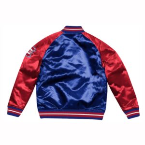Back of Chicago Cubs Satin Jacket in blue/red with rib-knit collar, cuffs, and waistband.