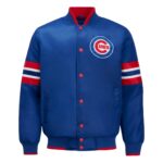 Chicago Cubs tricolor satin jacket front view featuring snap button closure, rib-knit collar and cuffs, and Cubs logo on left chest