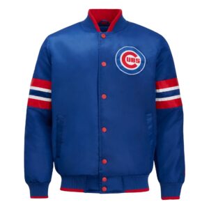 Chicago Cubs tricolor satin jacket front view featuring snap button closure, rib-knit collar and cuffs, and Cubs logo on left chest