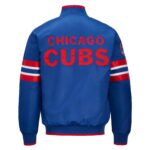 Chicago Cubs tricolor satin jacket back view with bold CHICAGO CUBS lettering and rib-knit waistband in vibrant tricolor design