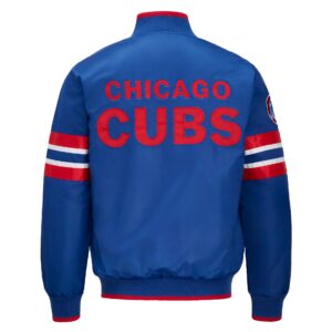 Chicago Cubs tricolor satin jacket back view with bold CHICAGO CUBS lettering and rib-knit waistband in vibrant tricolor design